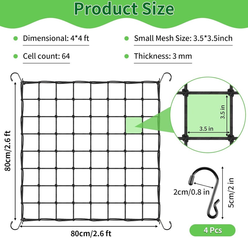 YEESON Trellis Netting, Scrog Net with 4 Hooks, 4x4 Trellis Nets for Grow Tent, Heavy-Duty Plant Net for Cucumber Gardening and Horticulture, Grow Tent Accessories(1 Pack) - Image 2